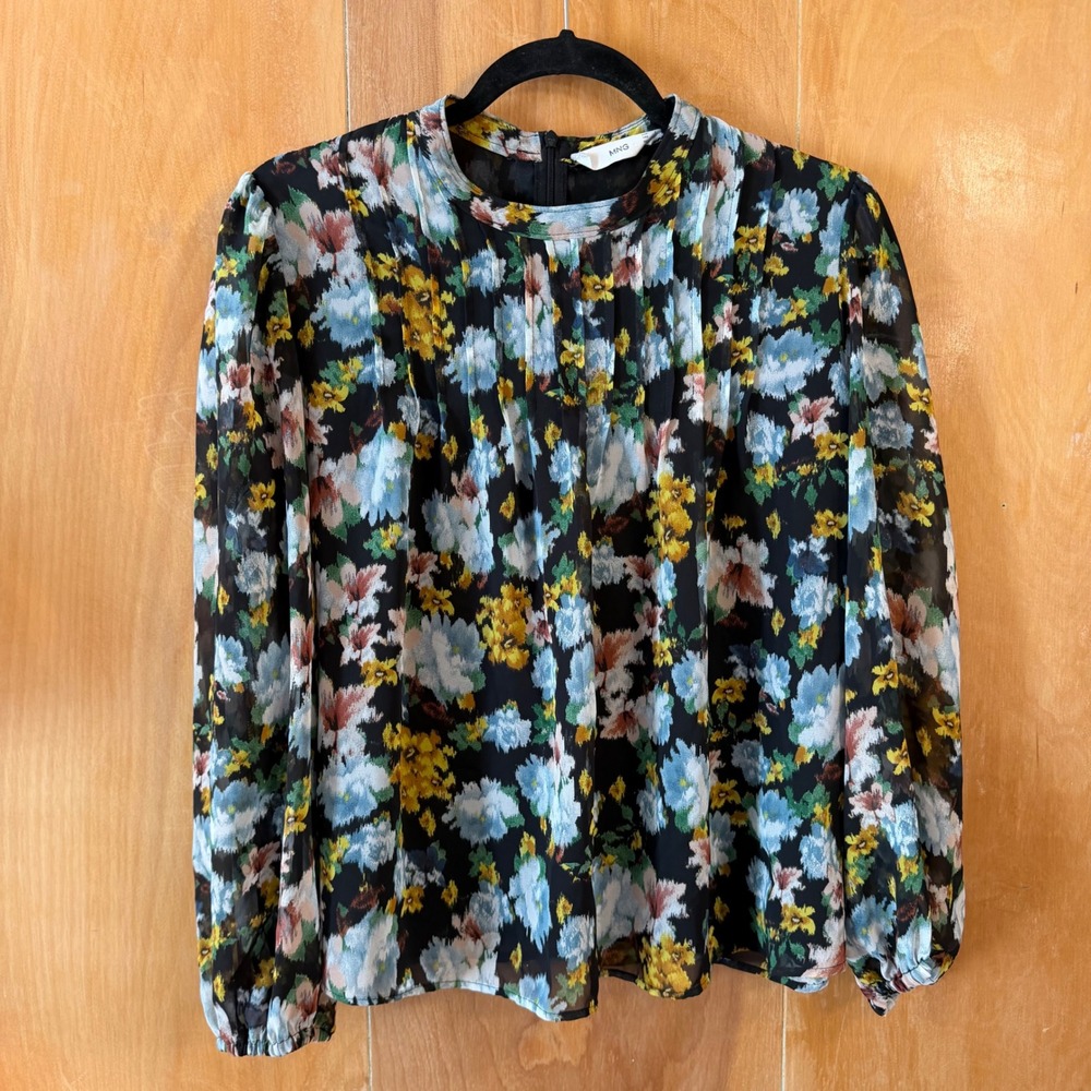 MNG Mango Floral Chiffon Blouse Black Blue Yellow Mock Neck Long Sleeve Large